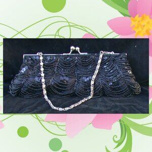 INS Black Sequin and Beaded Evening Handbag Small Clutch Purse
